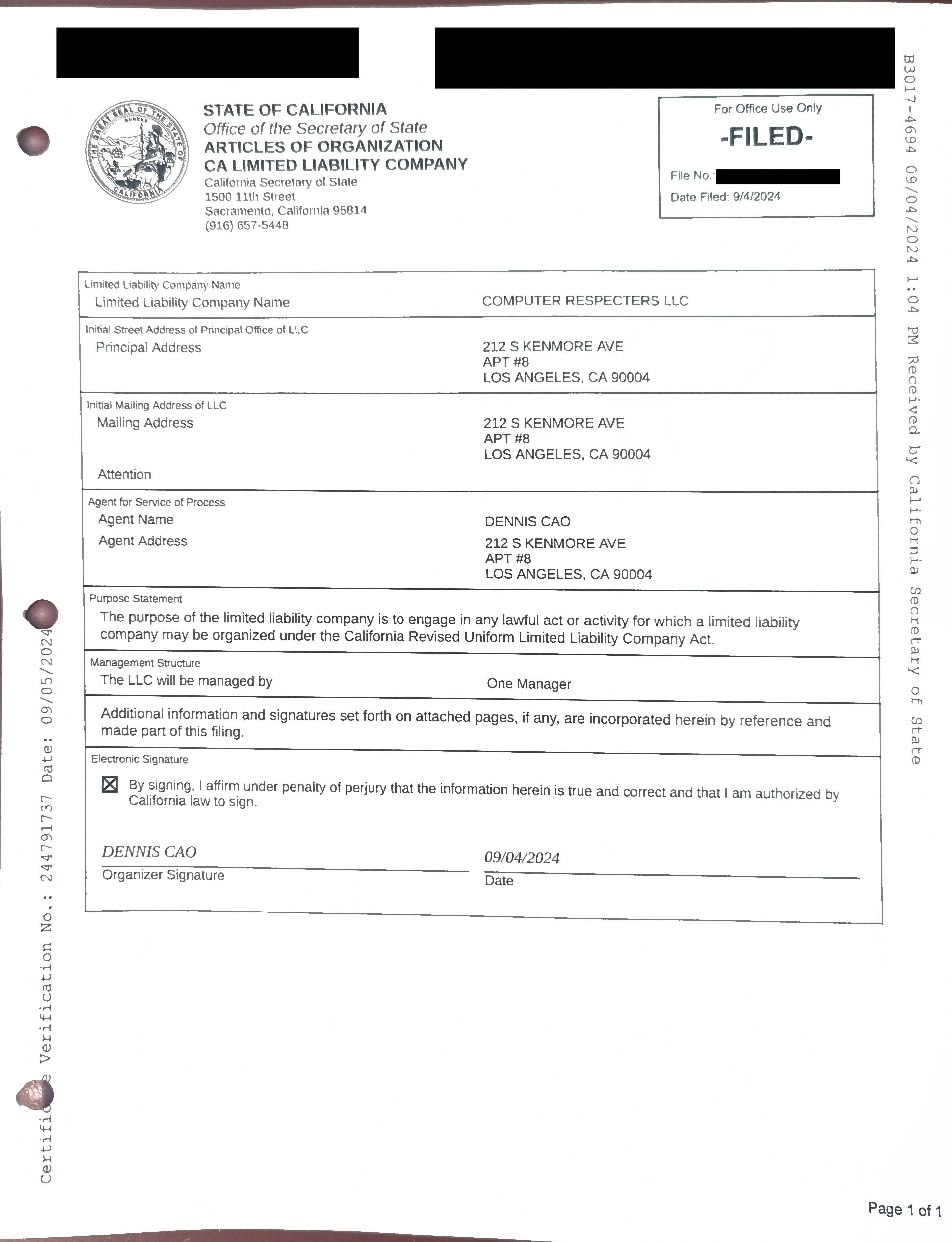 California Articles of Organization for Computer Respecters LLC